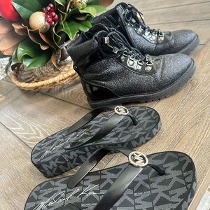 Michael Kors Black Glitter Boots and Logo Flip Flops